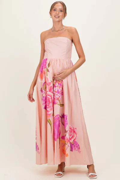 PinkBlush Light Pink Floral Strapless Maternity Maxi Dress