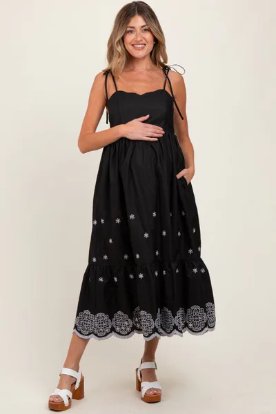 PinkBlush Black Embroidered Shoulder Tie Maternity Midi Dress