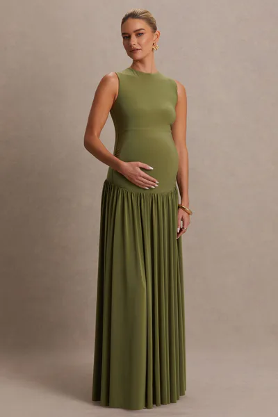 Club L London Outline | Olive Crew-Neck Maternity Maxi Dress With Pleated Skirt