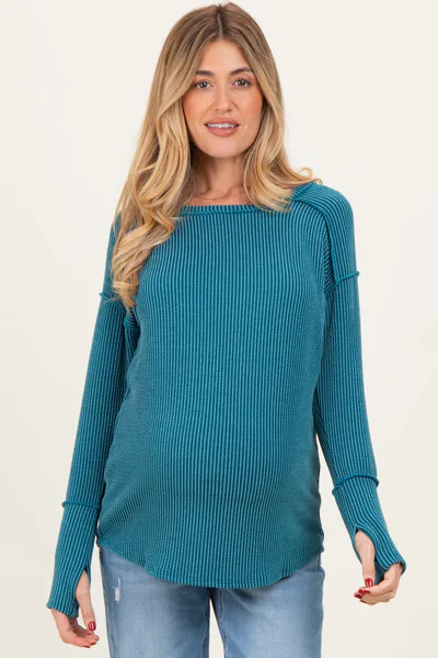 PinkBlush Teal Textured Rib Thumb Hole Maternity Long Sleeve Top
