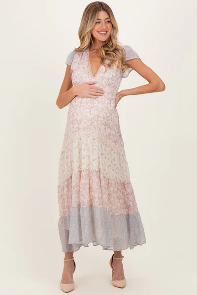 PinkBlush Multicolor Floral Colorblock Tiered Maternity Maxi Dress