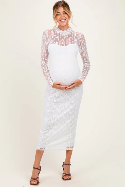 PinkBlush Ivory Lace Mock Neck Long Sleeve Maternity Maxi Dress