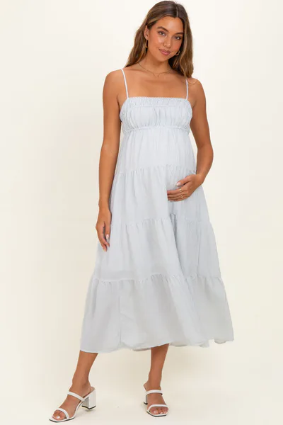 PinkBlush Blue Striped Empire Waist Tiered Maternity Midi Dress