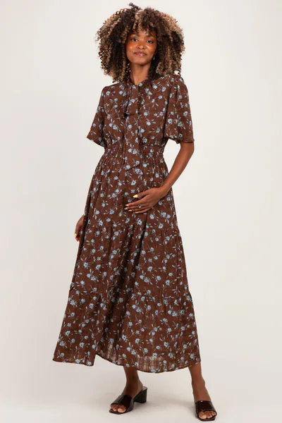 PinkBlush Brown Floral Neck Tie Tiered Maternity Midi Dress