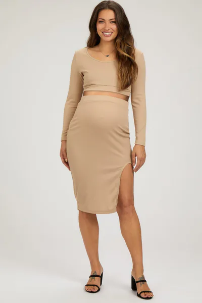 PinkBlush Beige Ribbed Long Sleeve Crop Top Maternity Skirt Set