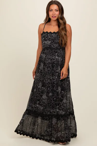 PinkBlush Black Floral Contrast Trim Maternity Maxi Dress