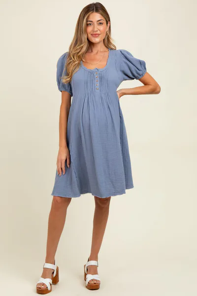 PinkBlush Blue Pintuck Detailed Cotton Double Gauze Maternity Mini Dress