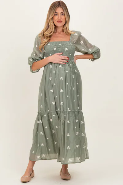 PinkBlush Light Olive Floral Embroidered Smocked 3/4 Sleeve Maternity Midi Dress