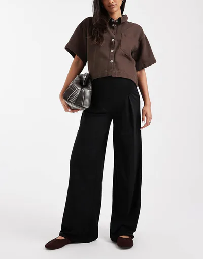 ASOS Mamalicious Maternity foldable waistband wide leg jersey pants in black