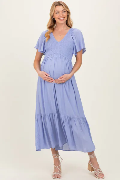 PinkBlush Blue Smocked Maternity Midi Dress
