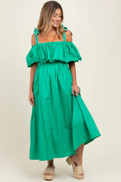 PinkBlush Green Shoulder Tie Flounce Maternity Midi Dress