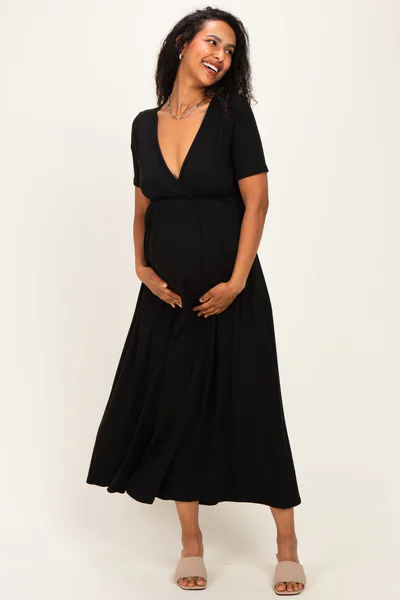 PinkBlush Black Short Sleeve V-Neck Maternity Maxi Dress