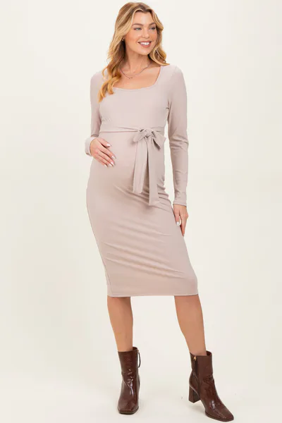 PinkBlush Beige Ribbed Long Sleeve Square Neck Tie Belt Maternity Midi Dress