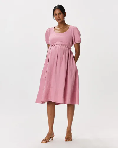 Quince 100% European Linen Maternity Short Sleeve Midi Dress