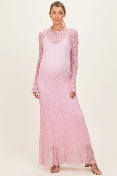 PinkBlush Pink Lace Mock Neck Long Sleeve Maternity Maxi Dress