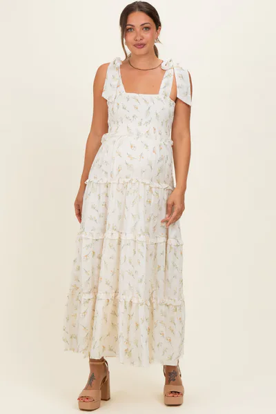 PinkBlush Yellow Floral Smocked Tiered Maternity Maxi Dress