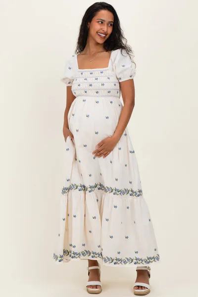PinkBlush Buttercream Smocked Embroidered Floral Maternity Maxi Dress
