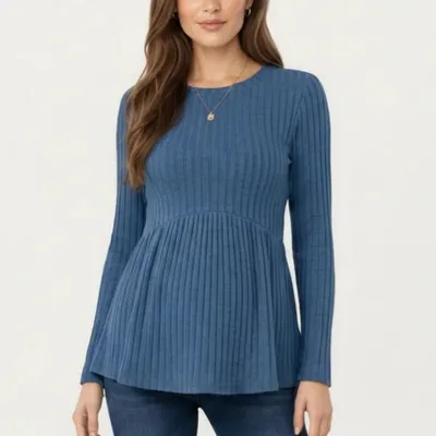 Target Anna-Kaci Women's Maternity Long Sleeve Ribbed Knit Top with Crew Neck and Empire Waist - Small, Blue