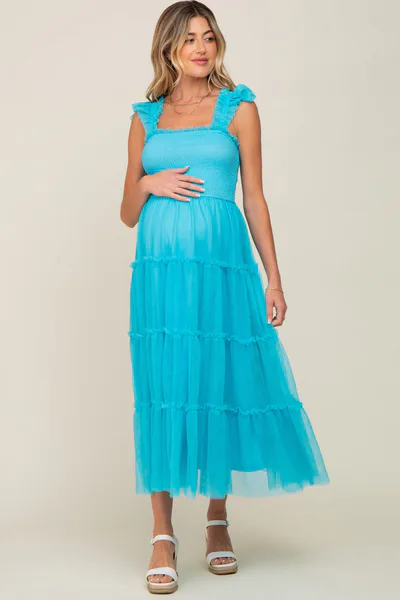 PinkBlush Turquoise Smocked Mesh Ruffle Accent Maternity Midi Dress