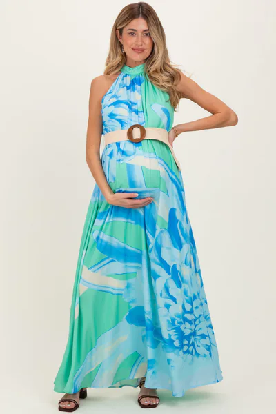 PinkBlush Mint Floral Chiffon Halter Maternity Maxi Dress