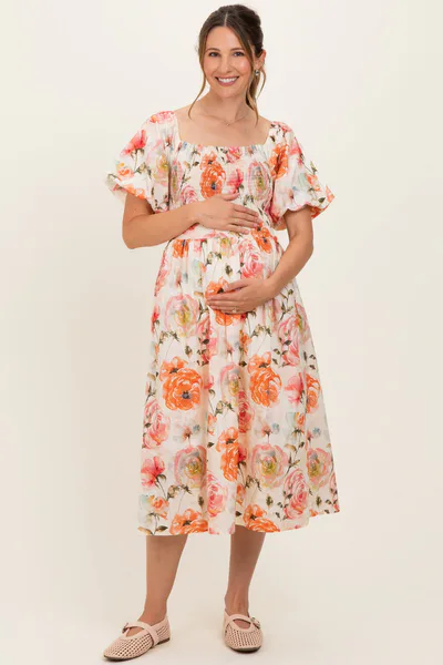 PinkBlush Rose Floral Smocked Puff Sleeve Maternity Midi Dress