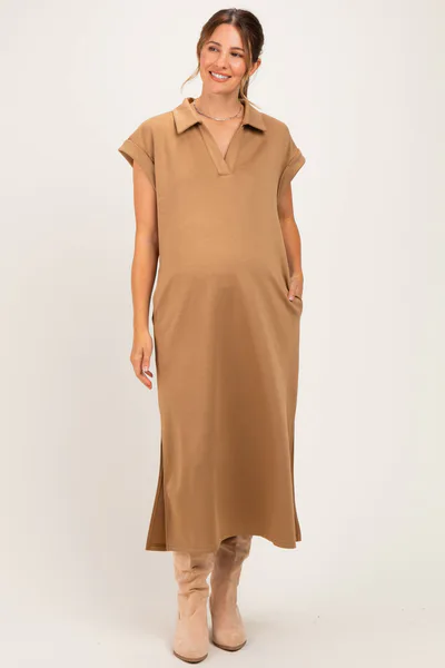 PinkBlush Camel Collared Oversized Maternity Midi Dress