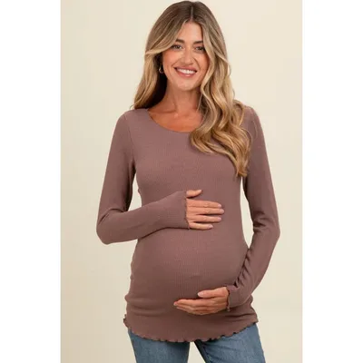 Target PinkBlush Brown Ribbed Knit Long Sleeve Lettuce Hem Maternity Top Brown X Large
