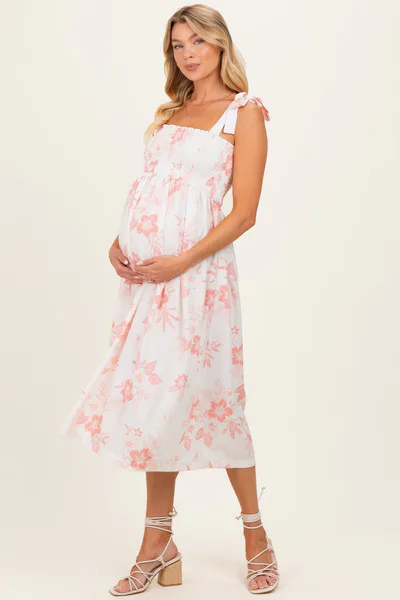 PinkBlush Peach Floral Smocked Maternity Midi Dress