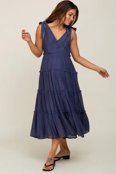 PinkBlush Navy Blue Linen Button Front Shoulder Tie Tiered Maternity Midi Dress