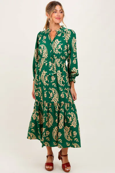 PinkBlush Green Damask Front Tie Smocked Waist Maternity Midi Dress