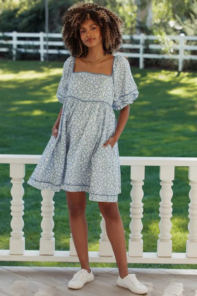 PinkBlush Blue Aura Contrast Binded Floral Maternity Mini Dress