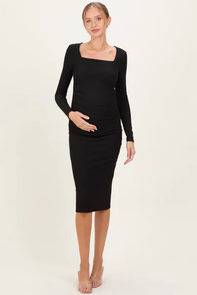 PinkBlush Black Ribbed Ruched Maternity Midi Dress