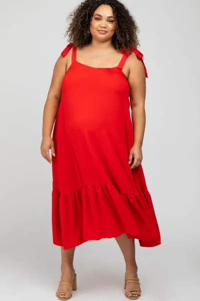 PinkBlush Red Strap Ruffle Hem Maternity Plus Midi Dress