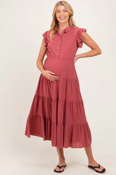 PinkBlush Dusty Rose Button Up Ruffle Sleeve Tiered Maternity Maxi Dress