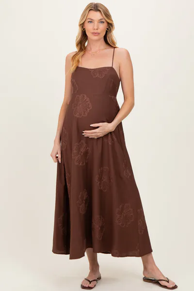 PinkBlush Mocha Flower Embroidered Maternity Midi Dress