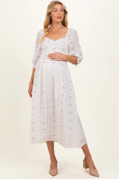 PinkBlush Cream Floral Smocked Maternity Midi Dress