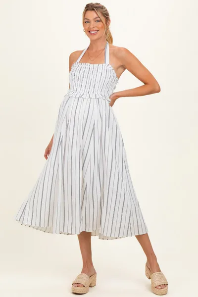 PinkBlush Off White Striped Smocked Halter Maternity Midi Dress