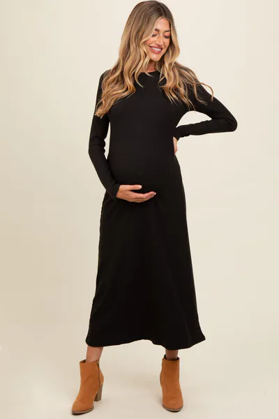 PinkBlush Charcoal Ribbed Knit Side Slit Maternity Midi Dress
