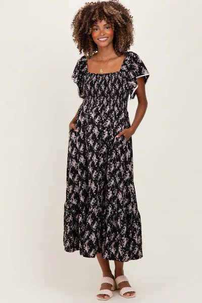 PinkBlush Black Floral Smocked Lace Trim Flutter Sleeve Maternity Midi Dress