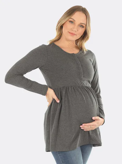 Angel Maternity Baby Doll Long Sleeve Maternity & Nursing Top in Grey