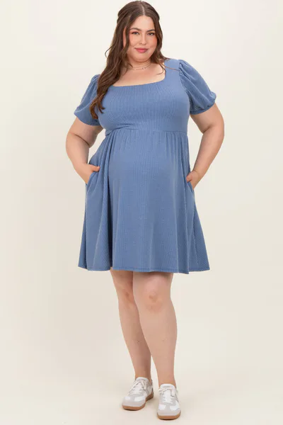 PinkBlush Vintage Denim Puff Rib Plus Maternity Babydoll Dress