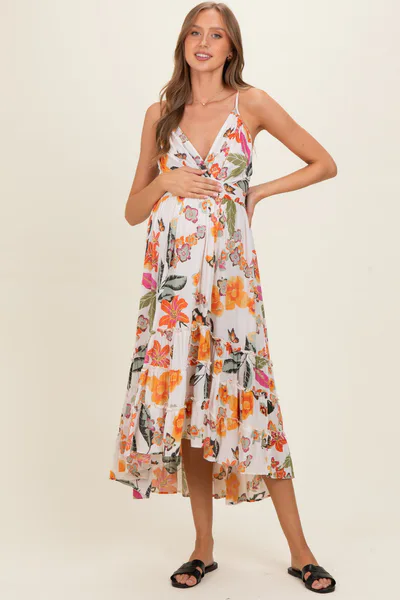 PinkBlush Ivory Floral V-Neck Tiered Hem Maternity Midi Dress