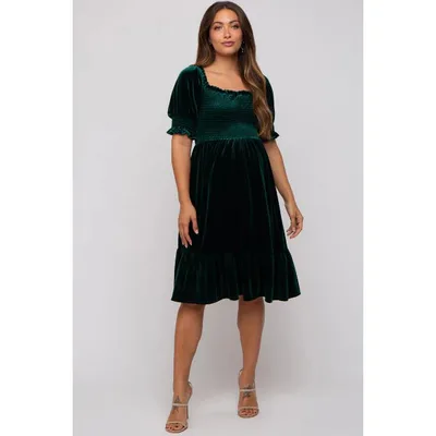 Target Pinkblush Forest Green Velvet Smocked Puff Sleeve Maternity Dress Medium