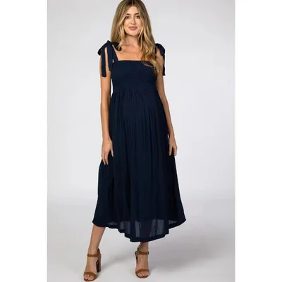 Target PinkBlush Navy Blue Smocked Tie Strap Maternity Midi Dress Navy Medium