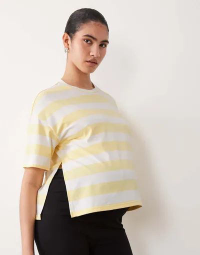 ASOS Mamalicious Maternity boxy cropped side slit t-shirt in wide yellow and cream stripes
