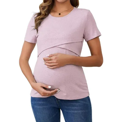 Target INSPIRE CHIC Women's Ribbed Knit Short Sleeve Nursing Shirts Crossover Maternity Breastfeeding Tops Large Pink Gray
