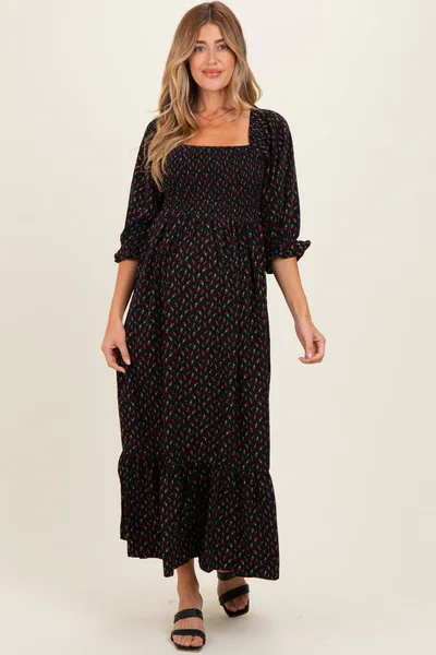 PinkBlush Black Floral 3/4 Sleeve Maternity Maxi Dress