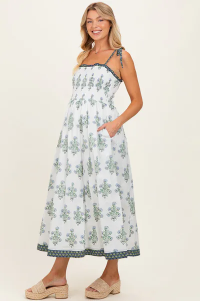 PinkBlush Off White Floral Smocked Shoulder Tie Maternity Maxi Dress