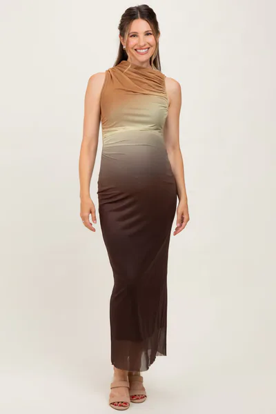 PinkBlush Brown Ombre Mesh Ruched Sleeveless Maternity Midi Dress