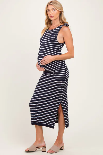 PinkBlush Oatmeal Striped Knit Shoulder Tie Maternity Maxi Dress
